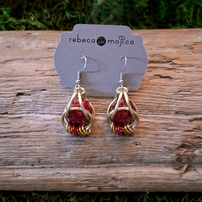 Red & Gold D20 Dice Chainmail Earrings