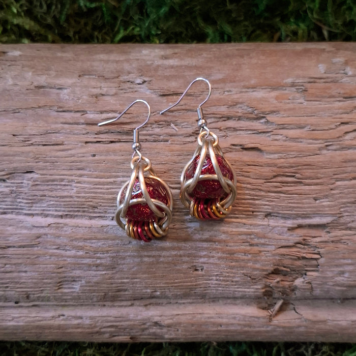 Red & Gold D20 Dice Chainmail Earrings