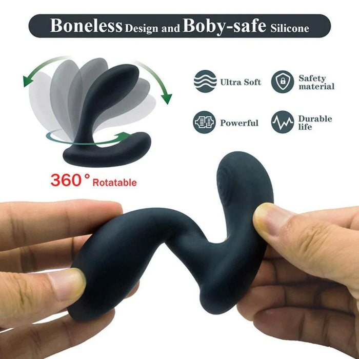 Flexible black silicone prostate massager with 360° rotatable design, held by hands