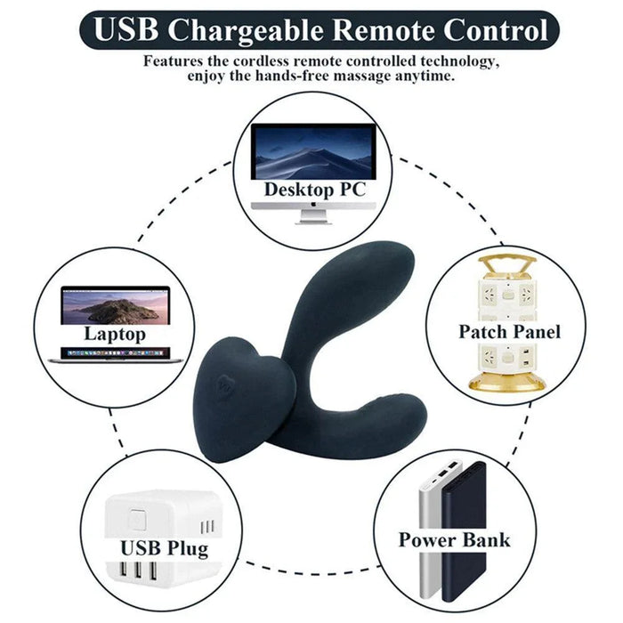 Black USB rechargeable remote control massager with charging options including laptop, PC, power bank, and USB plug.