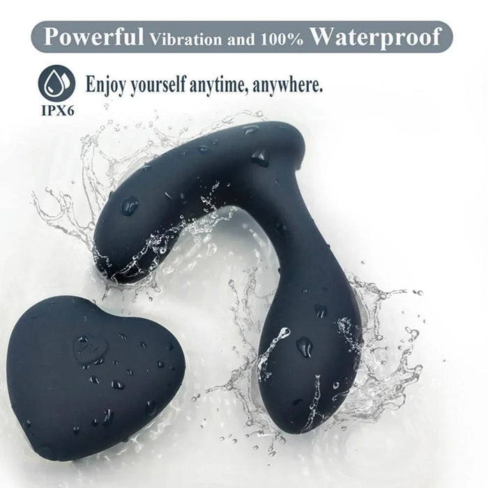 Black waterproof remote control prostate massager and heart-shaped controller splashed with water