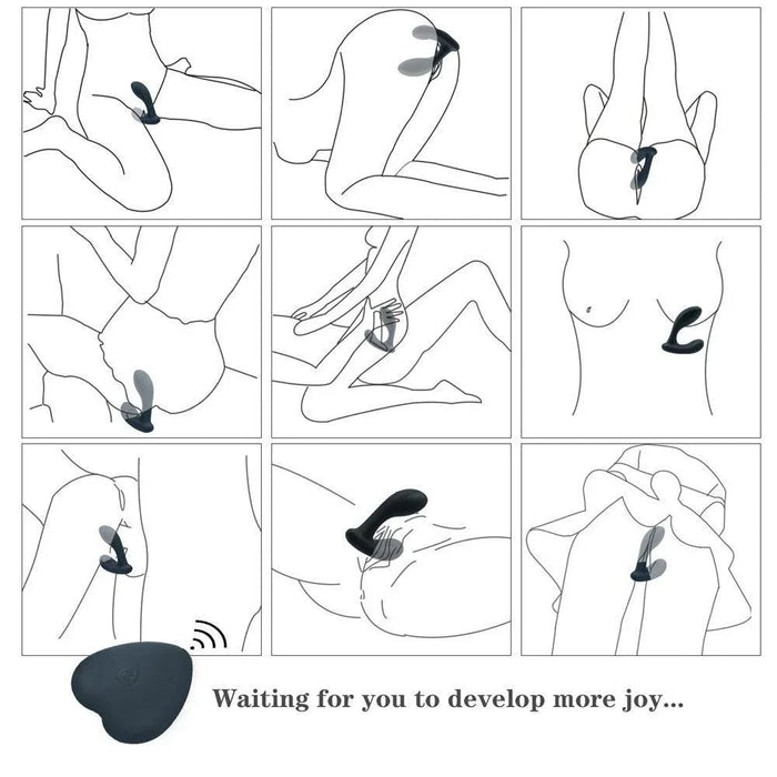 Illustration showing various uses of a remote control prostate massager for couples and solo play.