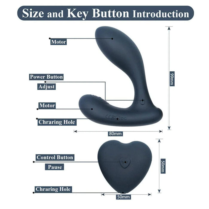Remote control prostate massager with labeled size, buttons, and charging port shown