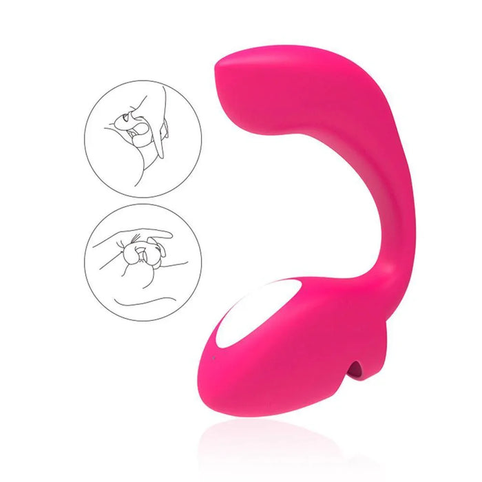 Pink remote control finger vibrator for couples with usage illustrations, curved ergonomic design.