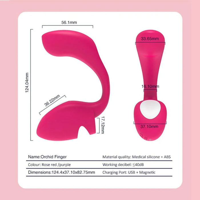 Rose red remote control finger vibrator with measurements, made of silicone and ABS plastic.