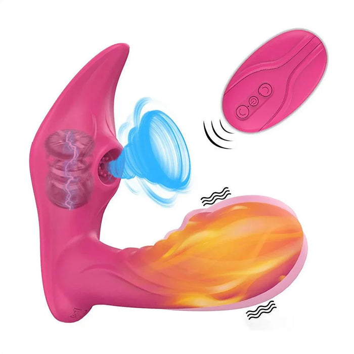 Pink remote control wearable vibrator with visual effects showing vibration and suction features.
