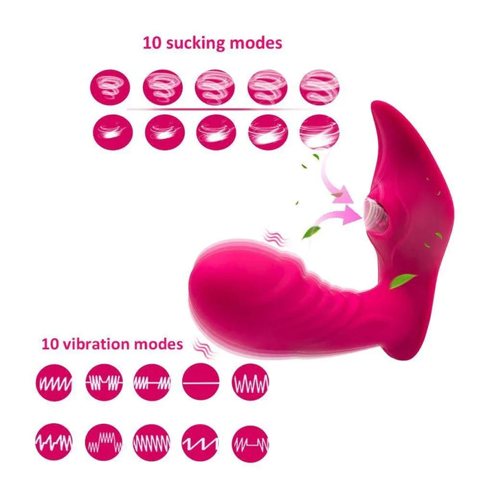 Pink remote control panty vibrator with 10 sucking and 10 vibration modes, product diagram.
