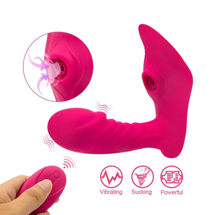 Pink remote control panty vibrator with curved design, vibrating and suction features shown.