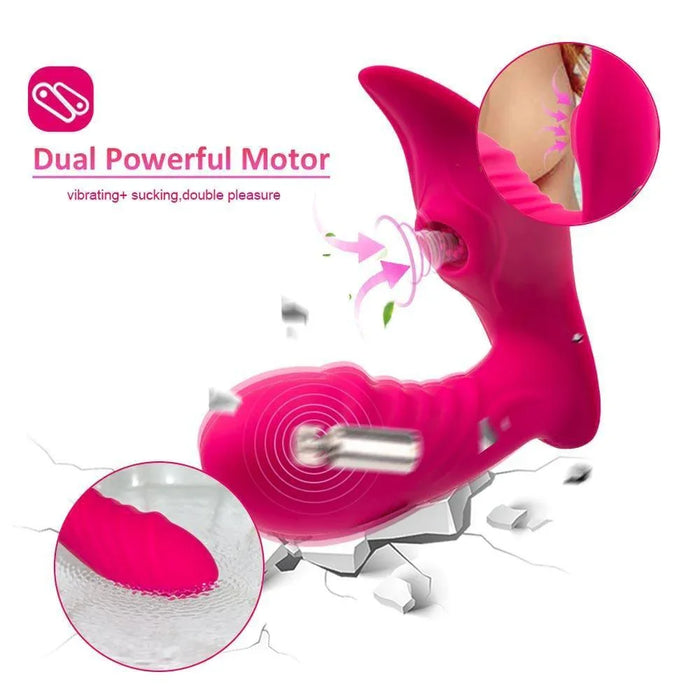 Pink remote control panty vibrator with dual motors, vibration and suction functions shown.