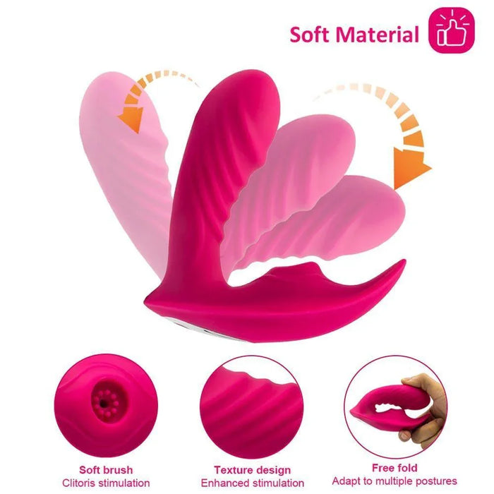 Pink remote control panty vibrator with flexible, soft silicone, brush tip, and textured design.