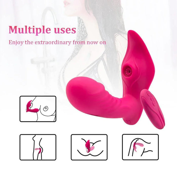 Pink remote control panty vibrator for women with multiple usage illustrations and remote device