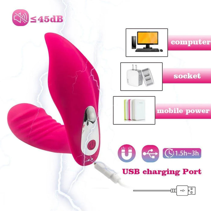 Pink remote control panty vibrator with USB charging port, compatible with computer, socket, and mobile power.