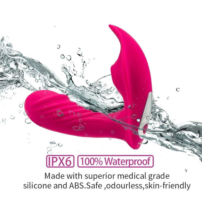 Pink waterproof silicone panty vibrator splashed with water, IPX6 rated, product on white