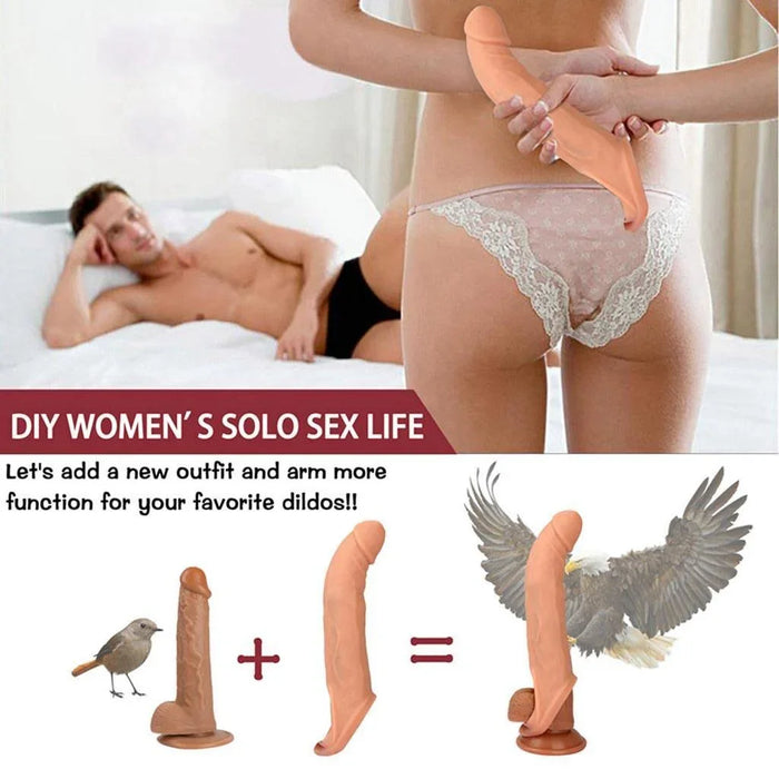 Silicone vibrating penis sleeve held by a woman in lingerie, adult toy promotional graphic.