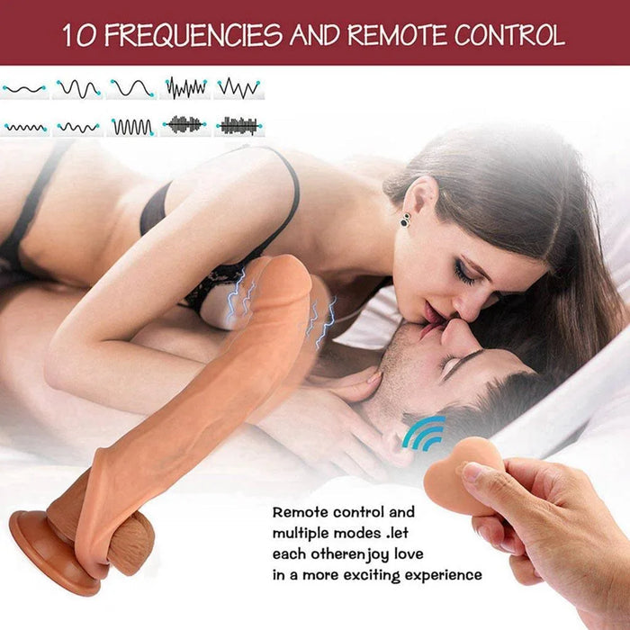 Remote control silicone vibrating penis sleeve with 10 frequency modes shown in use.
