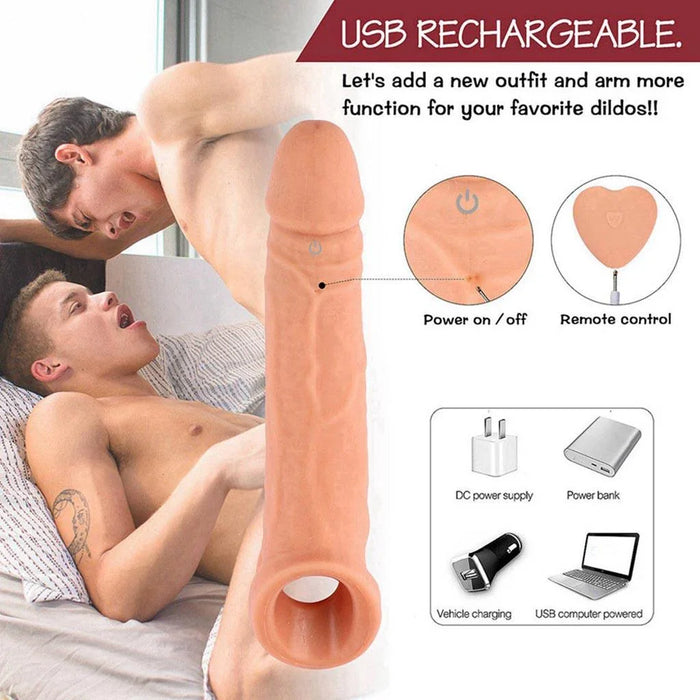 Silicone remote control vibrating penis sleeve with USB rechargeable features and power options.