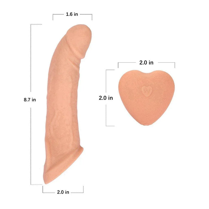 Silicone vibrating penis sleeve and heart-shaped remote with size measurements in inches