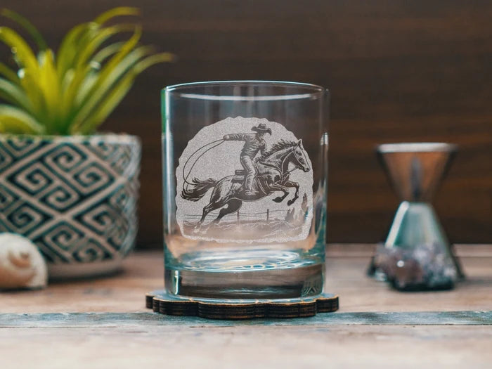 Rodeo Cowboy Scene Old Fashioned Glass