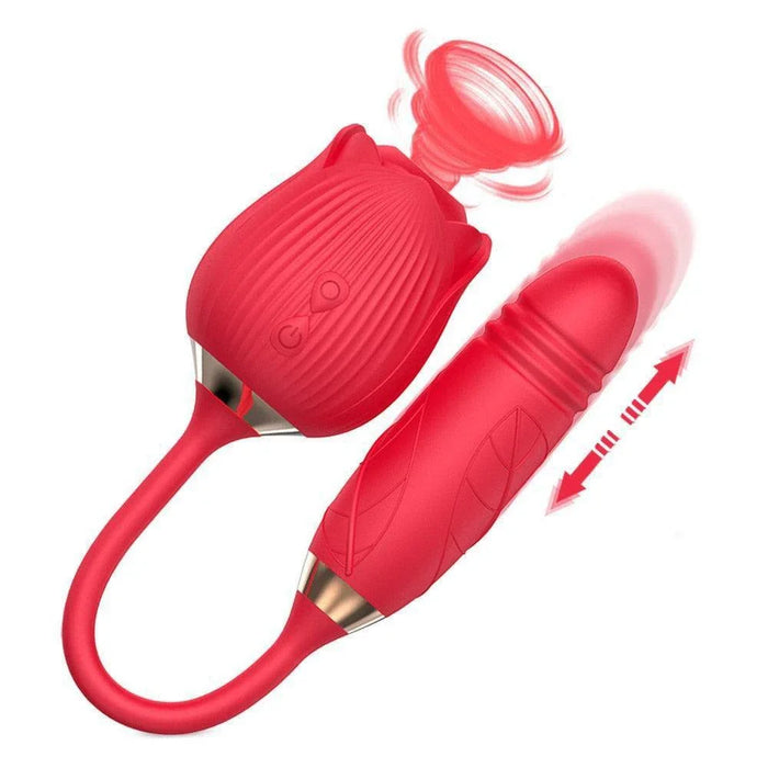 Red rose-shaped suction stimulator with attached thrusting egg vibrator for women