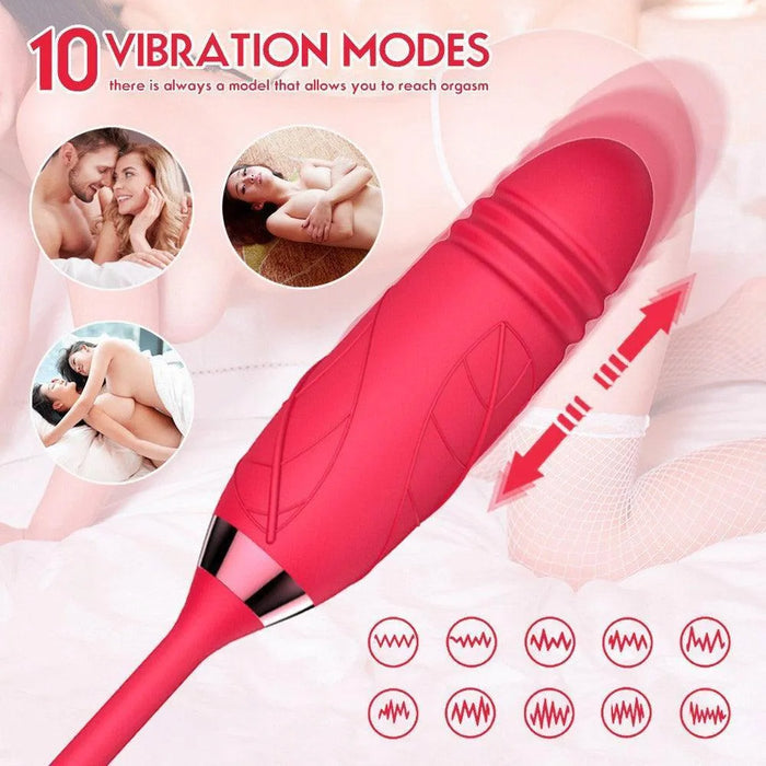 Red thrusting egg vibrator with 10 vibration modes, shown with sensual lifestyle imagery.