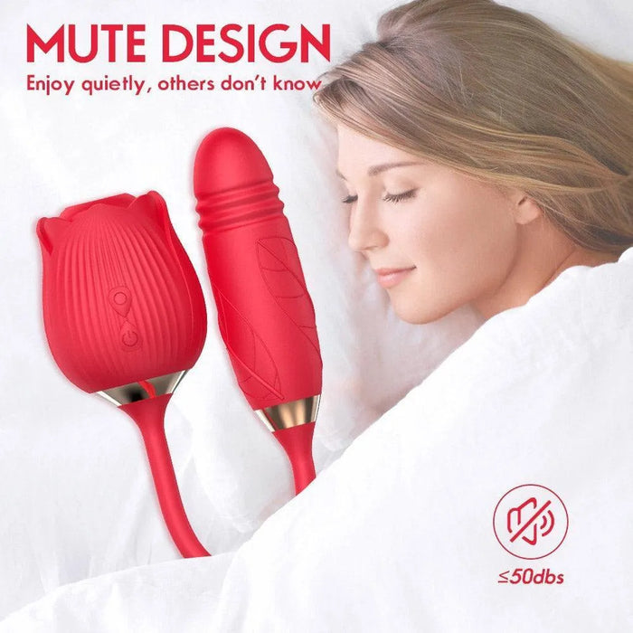Red rose-shaped clitoral stimulator and egg vibrator with mute design beside a woman sleeping.