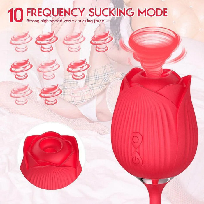 Red rose-shaped clitoral stimulator with 10 suction modes and textured details on bed.