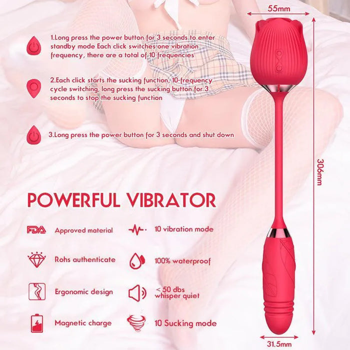 Rose-shaped thrusting egg vibrator in pink with control features and measurements highlighted.