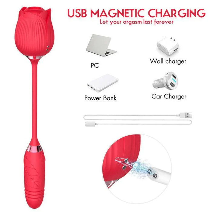 Rose-shaped suction vibrator with thrusting egg, USB magnetic charging, compatible with PC, wall charger, power bank, and car charger.