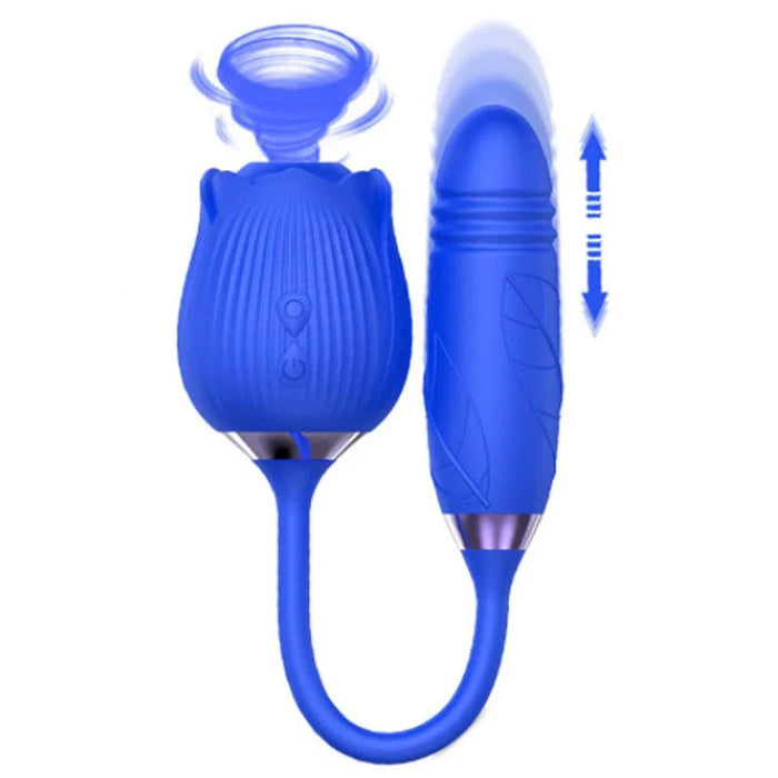 Blue rose-shaped suction stimulator with connected thrusting egg vibrator, adult toy