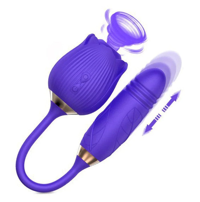 Purple rose-shaped suction stimulator with connected thrusting egg vibrator