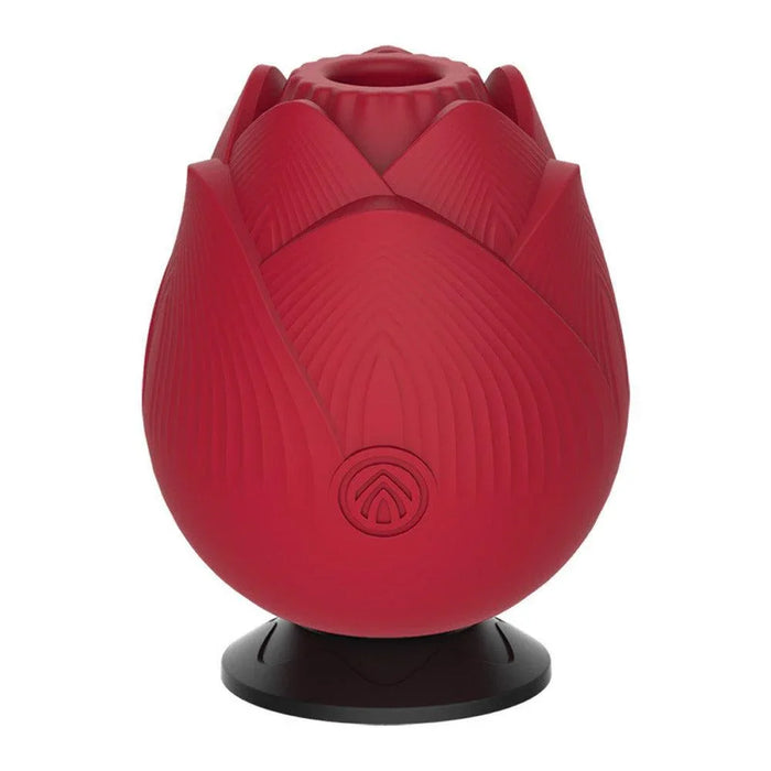Red rose-shaped silicone personal massager with textured petals on black base