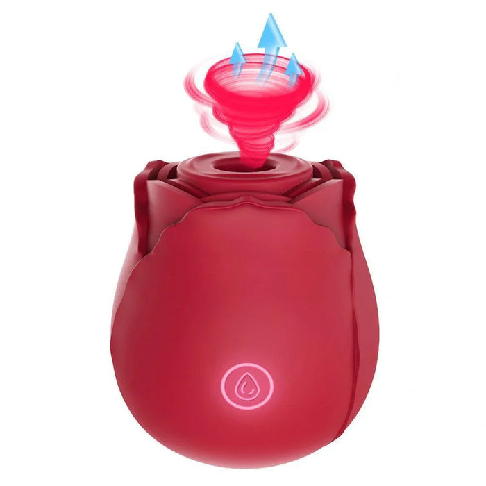 Red rose-shaped clitoral stimulator with suction and vibration effects, button lit
