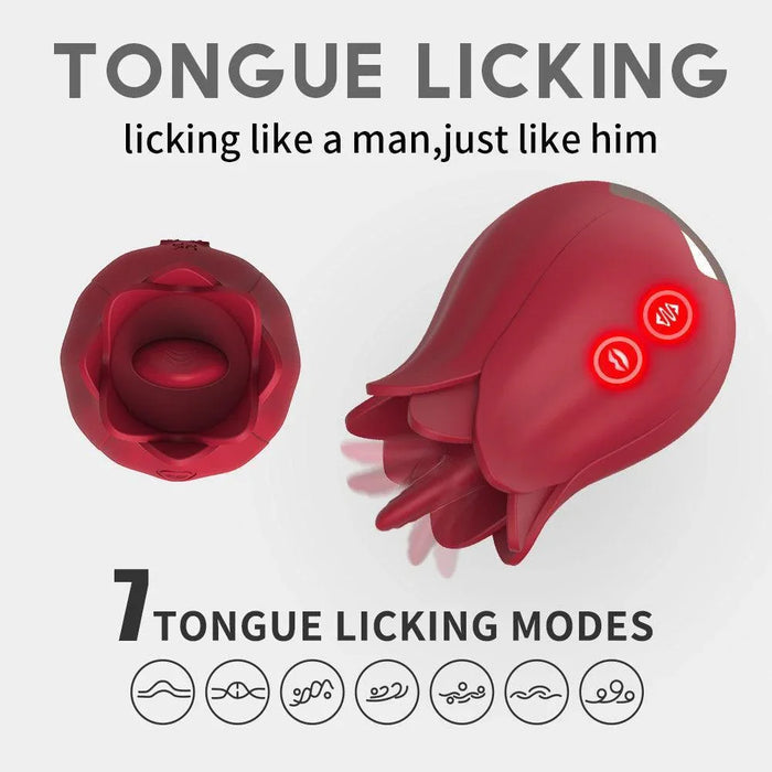 Red rose-shaped clitoral stimulator with tongue licking feature and 7 vibration modes