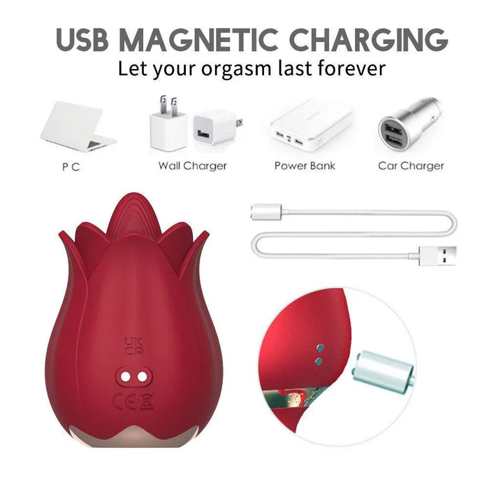 Red rose-shaped clitoral stimulator with USB magnetic charging cable and charging port.