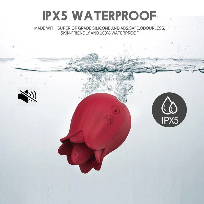 Red rose-shaped silicone waterproof stimulator underwater, showing IPX5 rating and quiet feature icons.