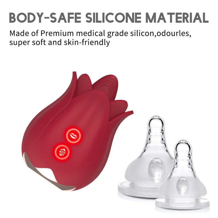Red rose-shaped silicone stimulator with glowing buttons and two transparent suction attachments