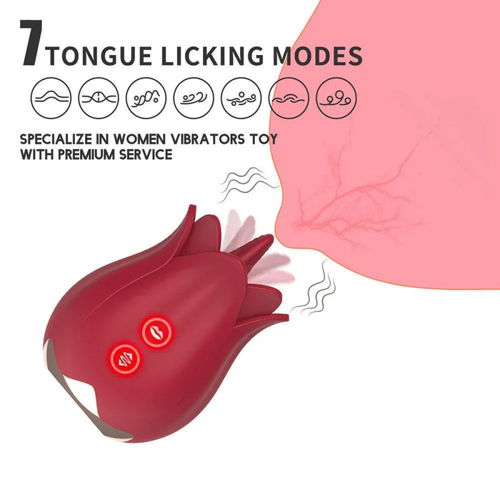 Red rose-shaped vibrator toy with 7 licking modes, designed for female pleasure