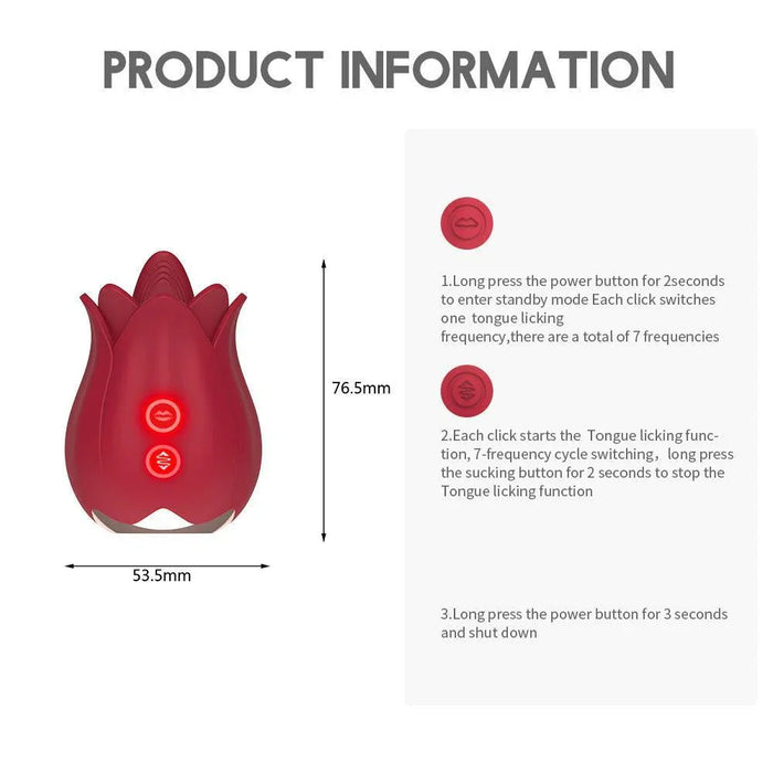 Red rose-shaped adult toy with control buttons, shown with measurements and usage instructions.