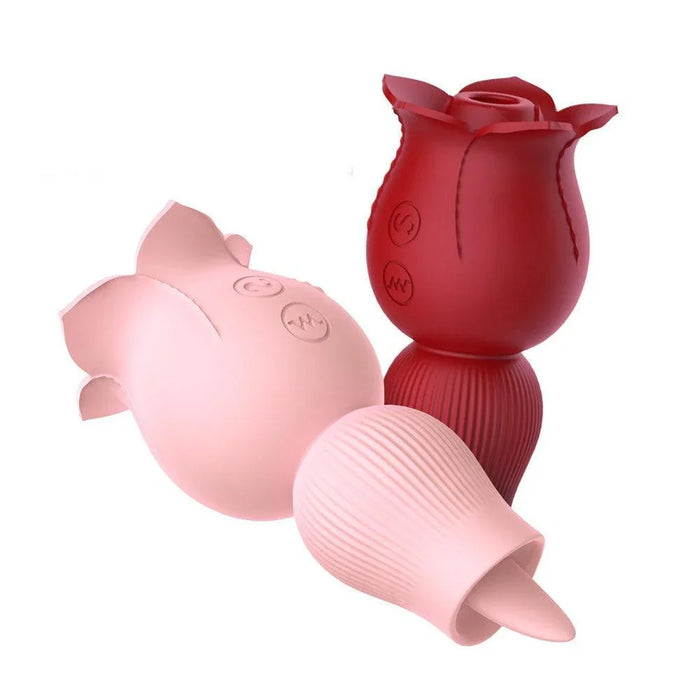 Pink and red rose-shaped silicone vibrators with textured details on a white background.