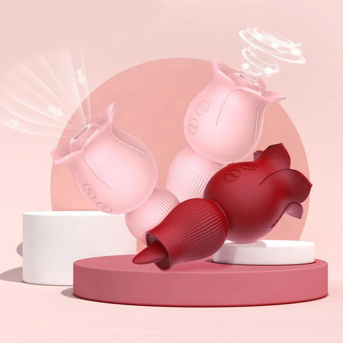 Rose-shaped clitoral stimulator vibrators in pink and red on podium, soft pastel background