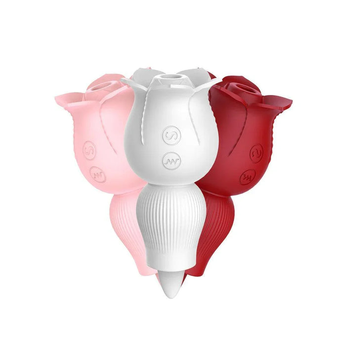 Rose-shaped tongue vibrator in pink, white, and red with button controls, isolated on white background.