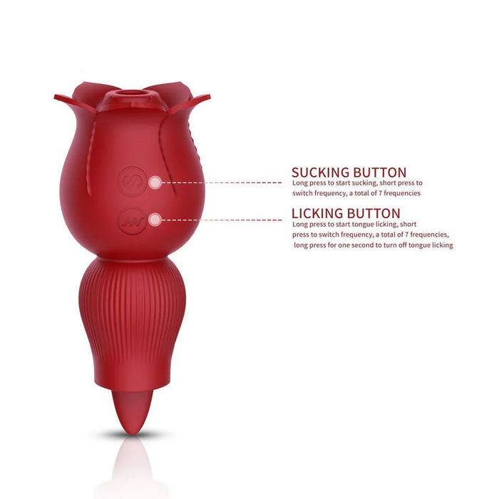 Red rose-shaped tongue vibrator with labeled sucking and licking buttons, white background