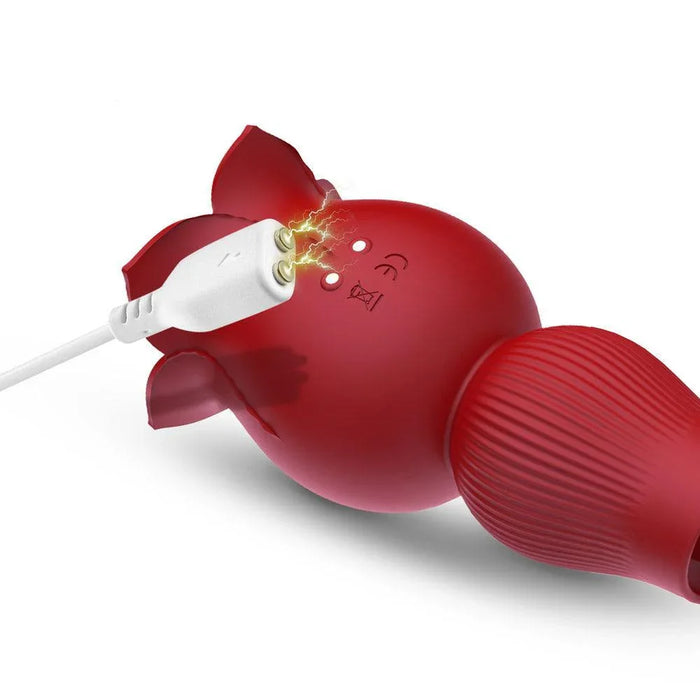 Red rose-shaped rechargeable silicone vibrator with magnetic charging cable