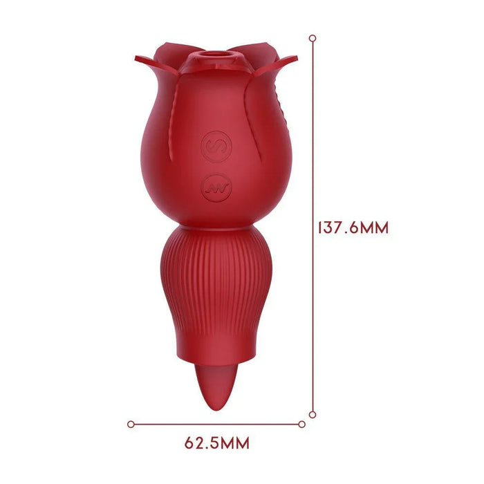 Red rose-shaped silicone vibrator with ribbed handle, 137.6mm tall, 62.5mm wide