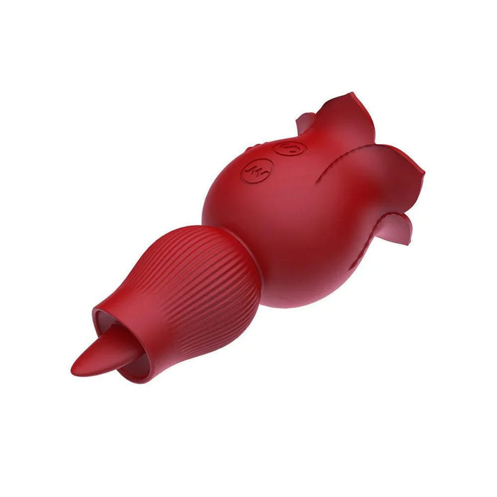 Red rose-shaped silicone vibrator with textured detailing and control buttons.