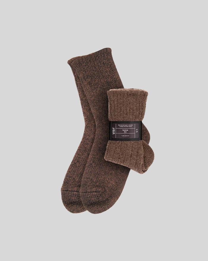 Brown ribbed knit socks with cuff fold and SAANA brand label, displayed flat on gray background.