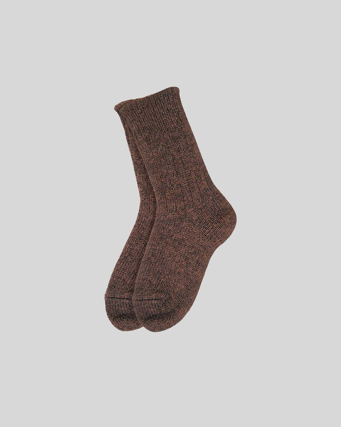 Brown ribbed crew socks with textured knit fabric displayed flat against gray background.