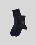 Pair of dark charcoal ribbed crew socks with rolled cuffs and brand label band.