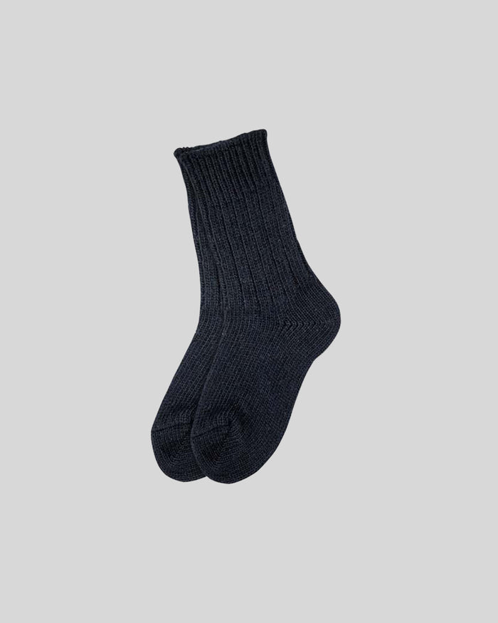 Dark navy ribbed crew socks with folded cuff and textured knit pattern.