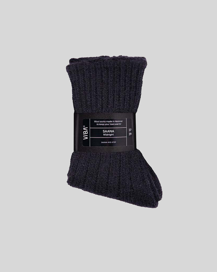 Dark charcoal ribbed wool socks with black VIBR branding label, sizes 37-39.